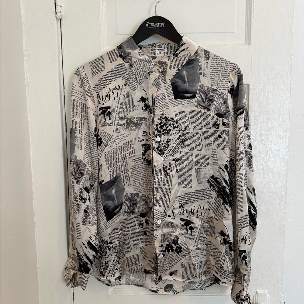Reformation Black and White Newspaper Print Shirt Jacket